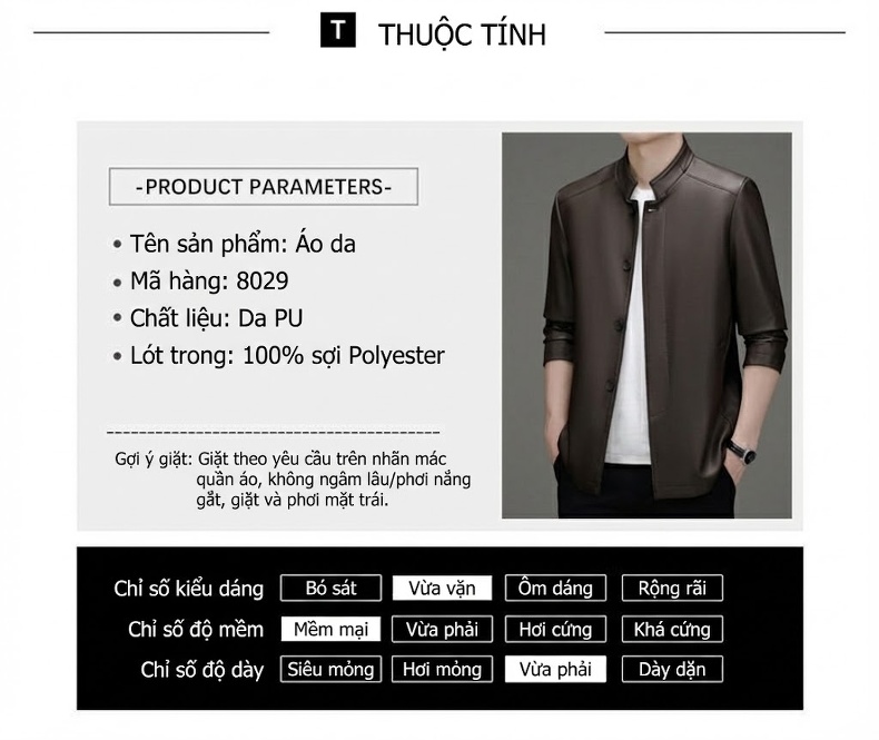 Áo Khoác Da Nam Dáng Dài Cổ Trụ Lót Lông Dày Dặn Giữ Ấm Da Mềm Màu Đen, Nâu chi tiết 7