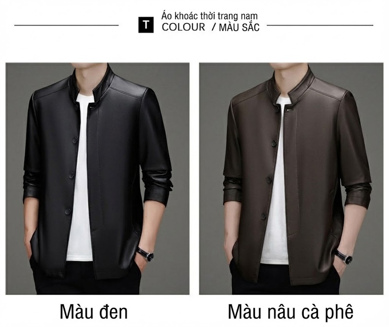 Áo Khoác Da Nam Dáng Dài Cổ Trụ Lót Lông Dày Dặn Giữ Ấm Da Mềm Màu Đen, Nâu chi tiết 8
