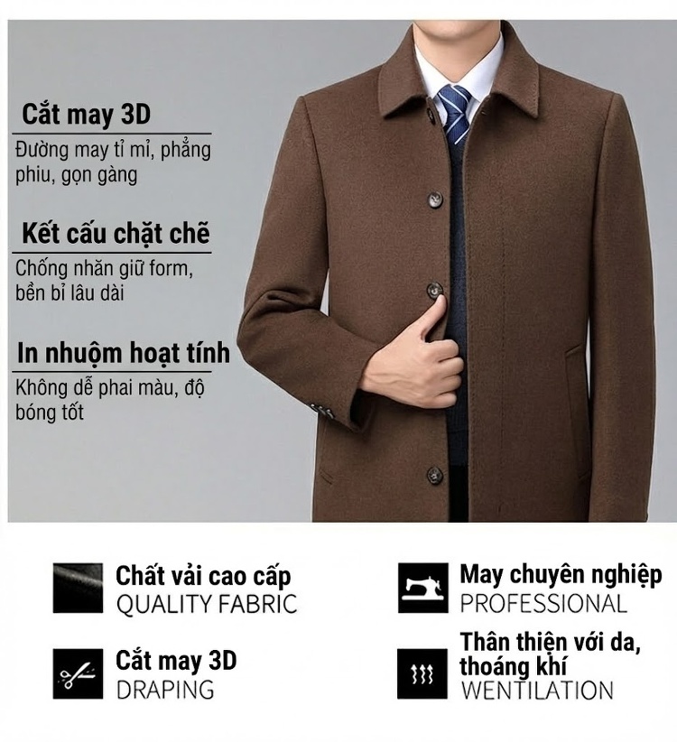 Áo Khoác Dạ Nam Dáng Dài Dày Dặn Ấm Áp Phong Cách Trung Niên Màu Đen, Nâu chi tiết 2