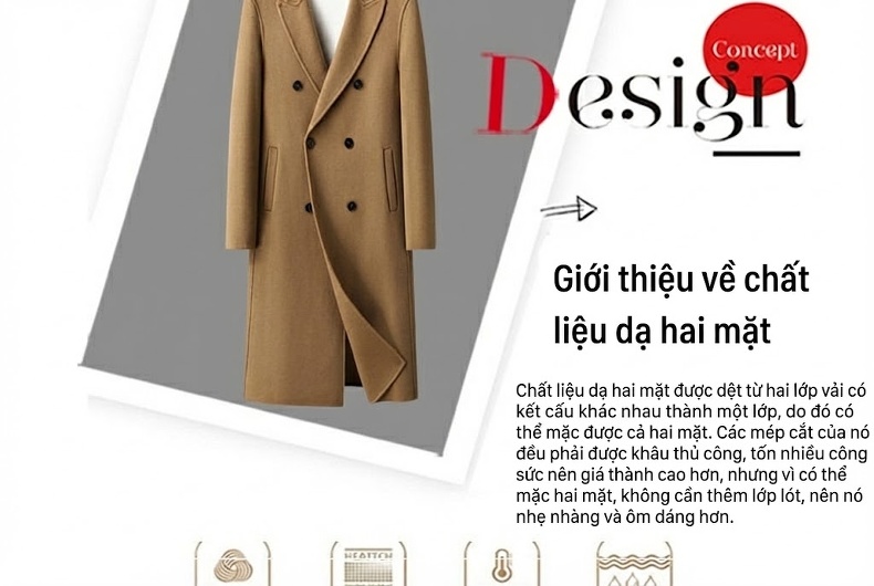 Áo Khoác Dạ Nam Dáng Dài Double Breasted Thủ Công Màu Đen, Nâu, Be chi tiết 3