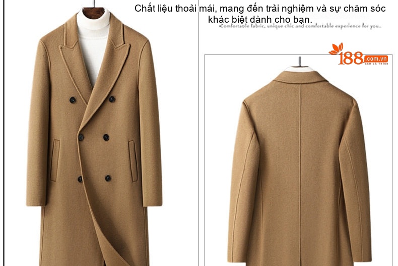 Áo Khoác Dạ Nam Dáng Dài Double Breasted Thủ Công Màu Đen, Nâu, Be chi tiết 7