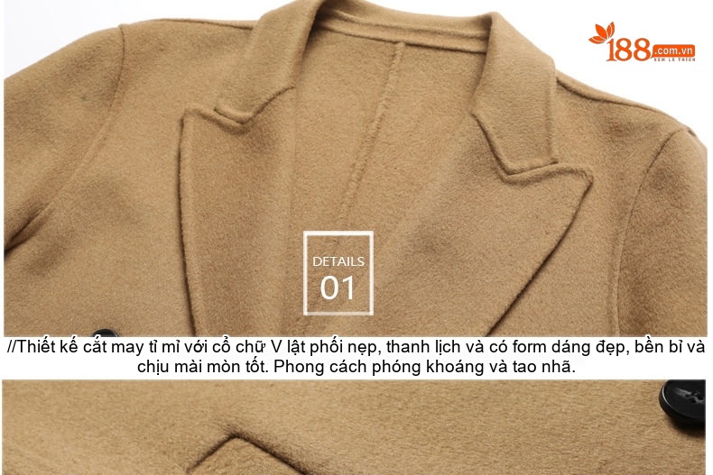 Áo Khoác Dạ Nam Dáng Dài Double Breasted Thủ Công Màu Đen, Nâu, Be chi tiết 12