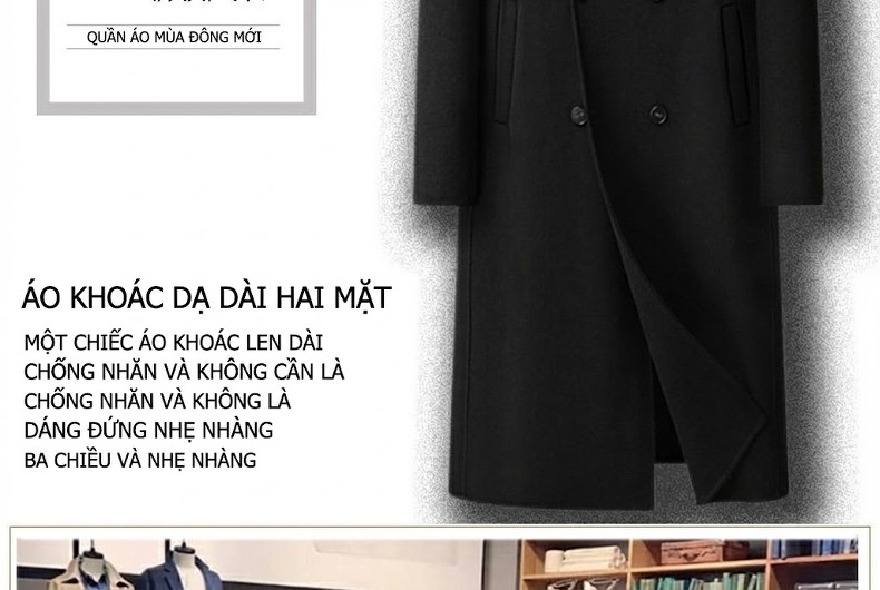 Áo Khoác Dạ Nam Dáng Dài Double Breasted Thủ Công Màu Đen, Nâu, Be chi tiết 1