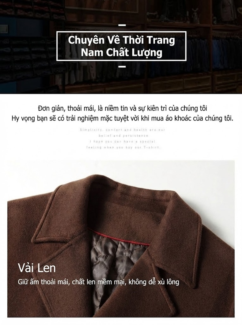 Áo Khoác Dạ Nam Dáng Dài Hai Hàng Khuy Lót Bông Gòn Phong Cách Business Màu Nâu, Xám, Vàng chi tiết 6