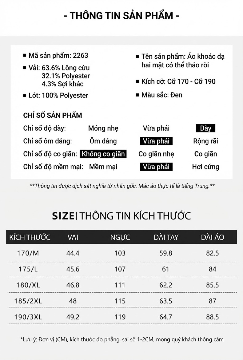 Áo Khoác Dạ Nam Dáng Dài Hai Mặt Lông Cừu Màu Đen chi tiết 32