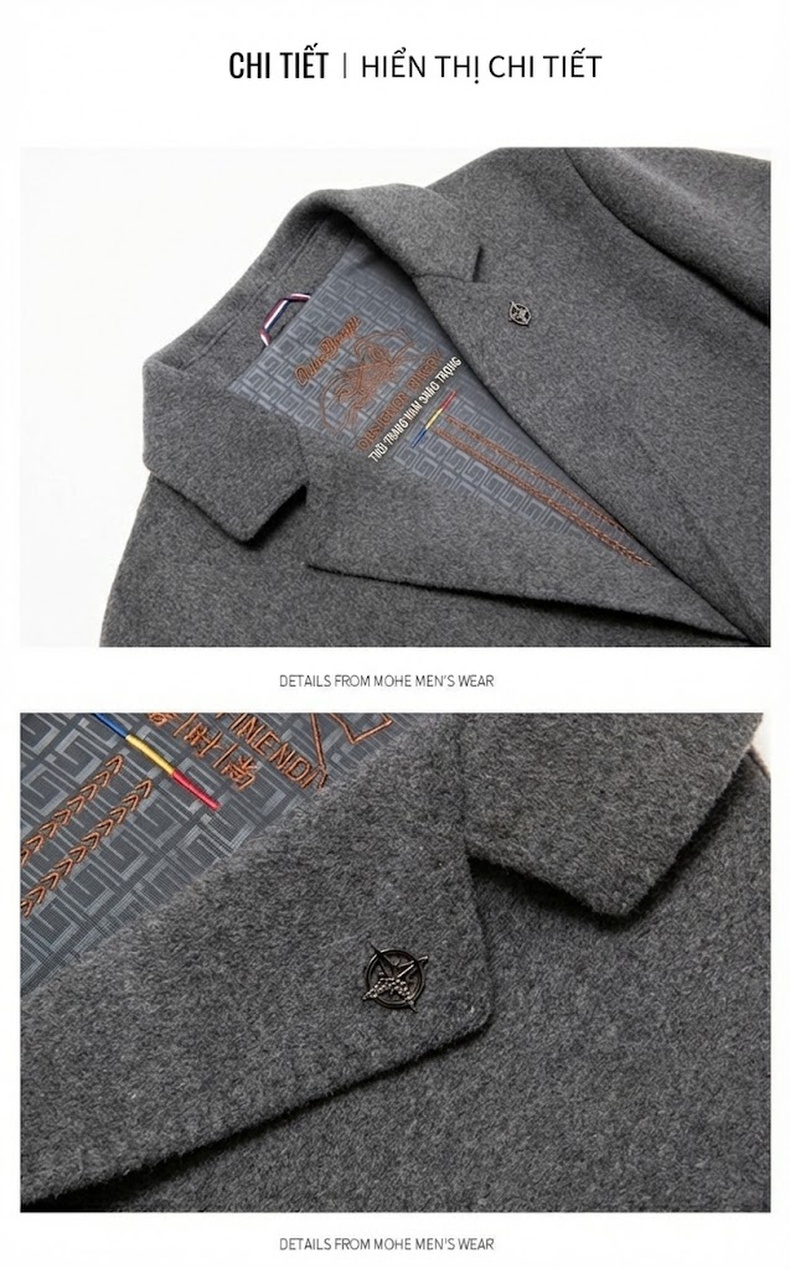 Áo Khoác Dạ Nam Dáng Dài Len Lông Cừu Hai Mặt Phong Cách Business Casual Màu Đen, Xám chi tiết 13