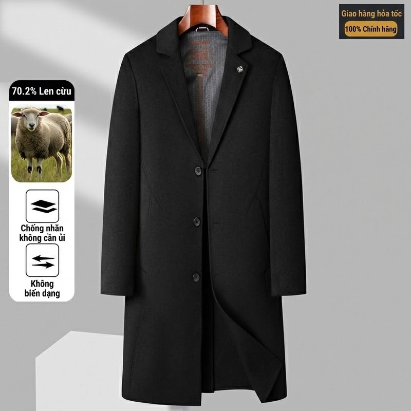 Áo Khoác Dạ Nam Dáng Dài Len Lông Cừu Hai Mặt Phong Cách Business Casual Màu Đen, Xám