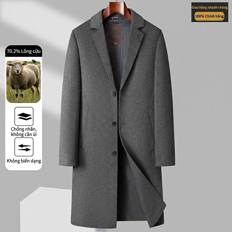 Áo Khoác Dạ Nam Dáng Dài Len Lông Cừu Hai Mặt Phong Cách Business Casual Màu Đen, Xám