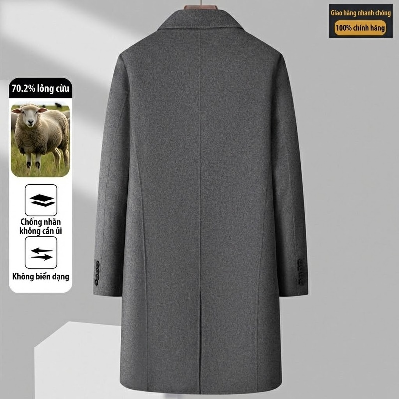 Áo Khoác Dạ Nam Dáng Dài Len Lông Cừu Hai Mặt Phong Cách Business Casual Màu Đen, Xám