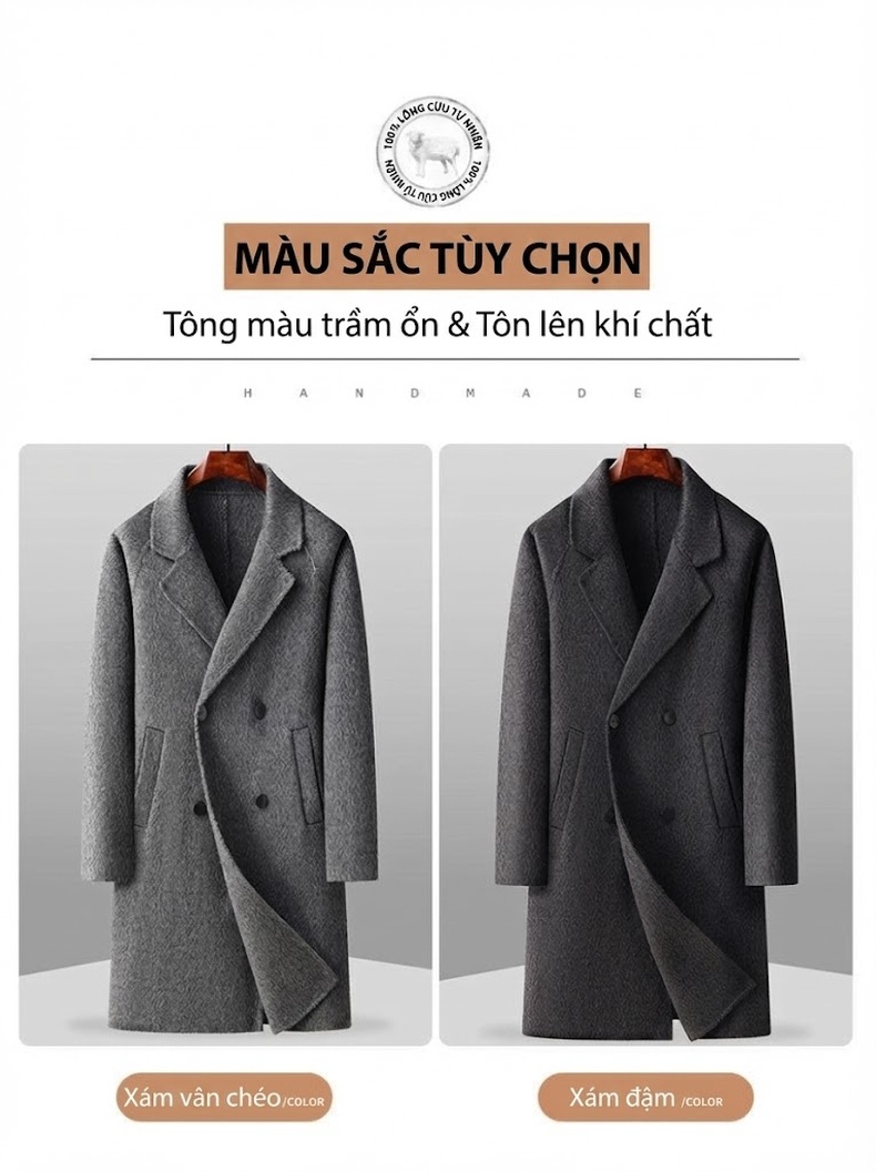 Áo Khoác Dạ Nam Dáng Dài Lớn, Áo Khoác Lông Cừu Toàn Bộ Hai Mặt Màu Xám chi tiết 3