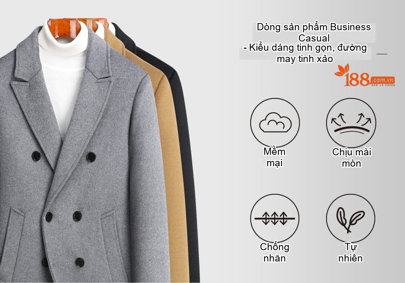 Áo Khoác Dạ Nam Dáng Dài Lông Cừu Hai Hàng Khuy Cổ chữ Vest Thu Đông Màu Đen, Xám, Nâu chi tiết 1