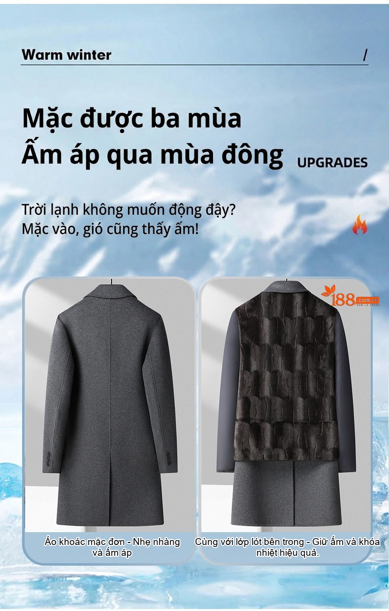 Áo Khoác Dạ Nam Dáng Dài Lớp Lót Lông Tháo Rời Màu Xám, Đen chi tiết 9