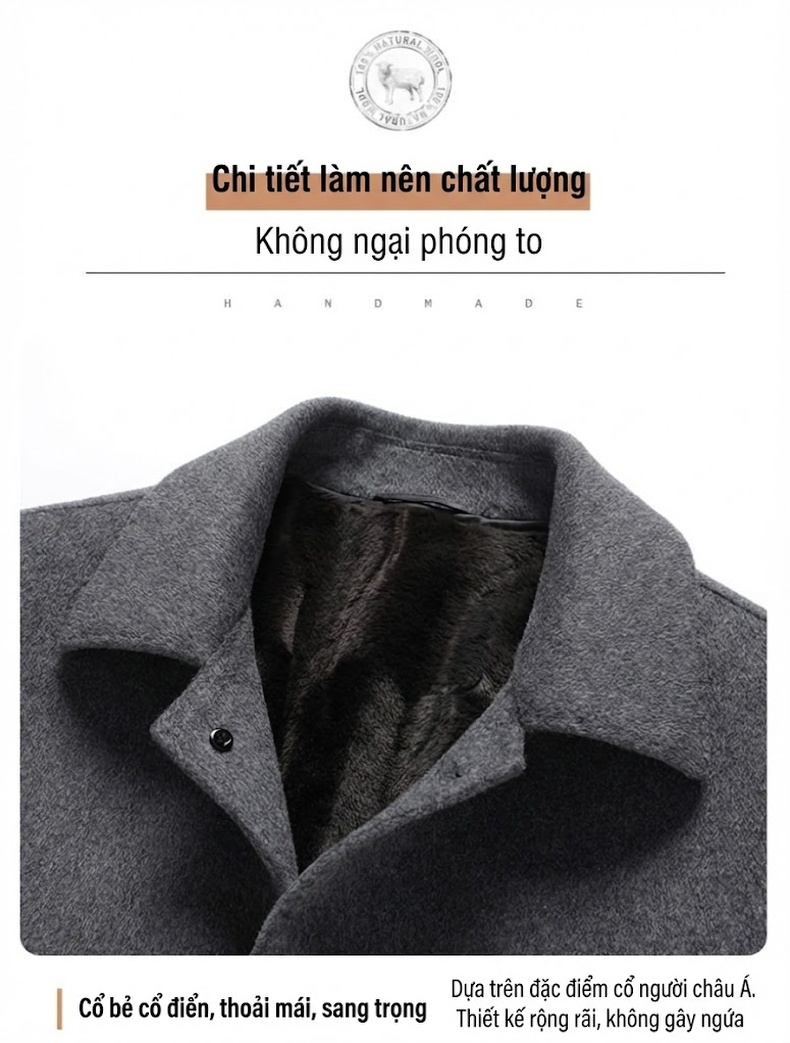 Áo Khoác Dạ Nam Dáng Dài Lớp Lót Lông Tháo Rời Màu Xám, Đen chi tiết 11