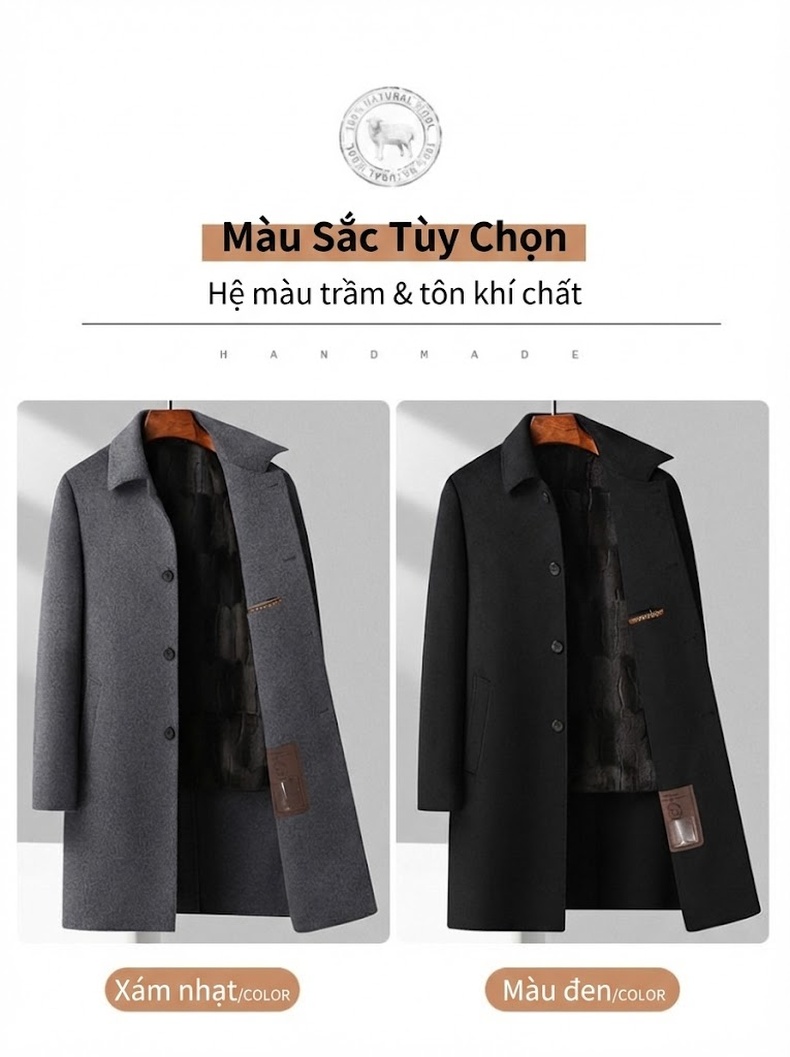 Áo Khoác Dạ Nam Dáng Dài Lớp Lót Lông Tháo Rời Màu Xám, Đen chi tiết 13