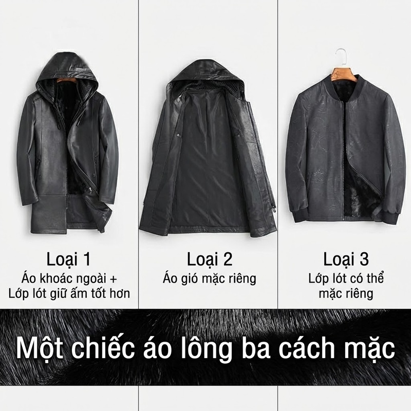 Áo Khoác Da Nam Dáng Dài Lót Lông Chồn Thật Da Dê Màu Đen