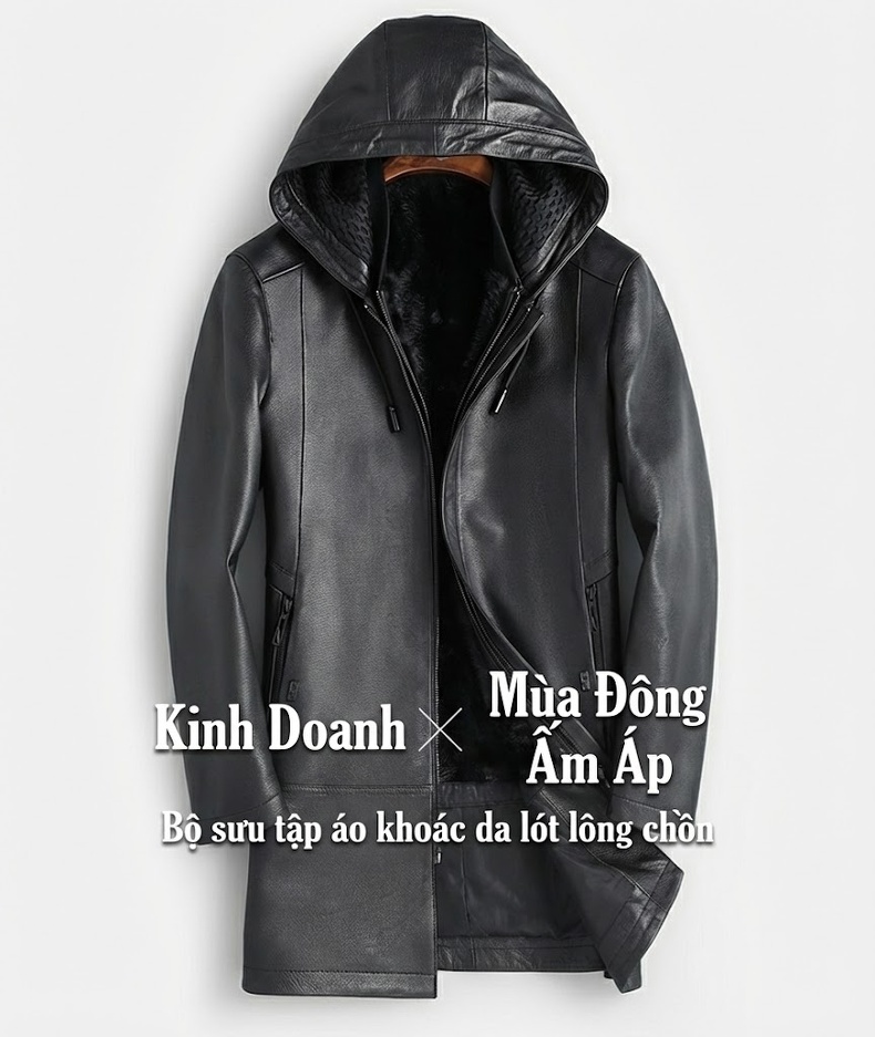 Áo Khoác Da Nam Dáng Dài Lót Lông Chồn Thật Da Dê Màu Đen chi tiết 1