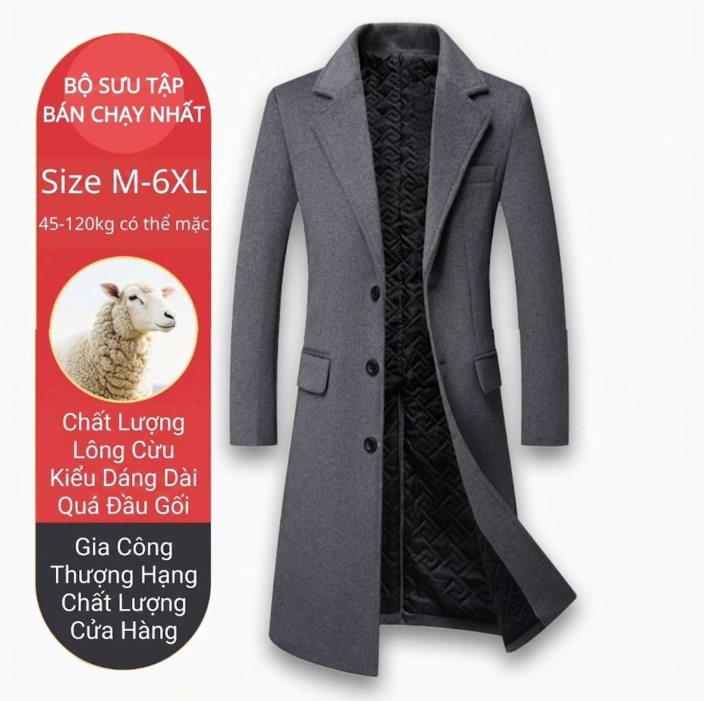 Áo Khoác Dạ Nam Dáng Dài Lót Lông Cừu Dày Dặn Màu Đen, Xám