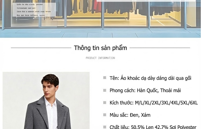 Áo Khoác Dạ Nam Dáng Dài Lót Lông Cừu Dày Dặn Màu Đen, Xám chi tiết 4