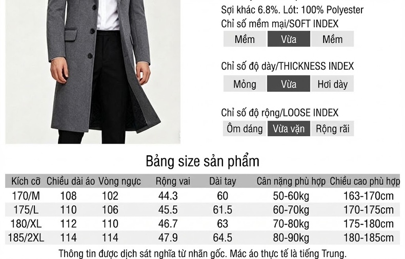 Áo Khoác Dạ Nam Dáng Dài Lót Lông Cừu Dày Dặn Màu Đen, Xám chi tiết 5