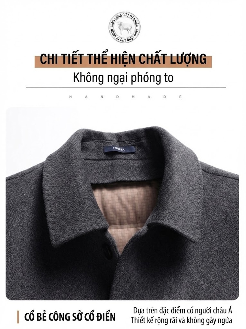 Áo Khoác Dạ Nam Dáng Dài Lót Lông Ngỗng Tháo Rời Màu Xám, Đen, Xanh Navy chi tiết 11