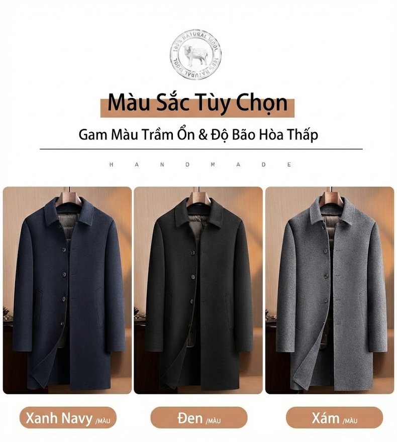 Áo Khoác Dạ Nam Dáng Dài Lót Lông Ngỗng Tháo Rời Màu Xám, Đen, Xanh Navy chi tiết 13