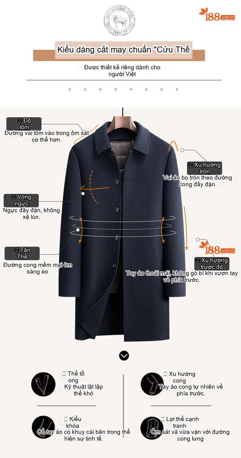 Áo Khoác Dạ Nam Dáng Dài Lót Lông Ngỗng Tháo Rời Màu Xám, Đen, Xanh Navy chi tiết 4