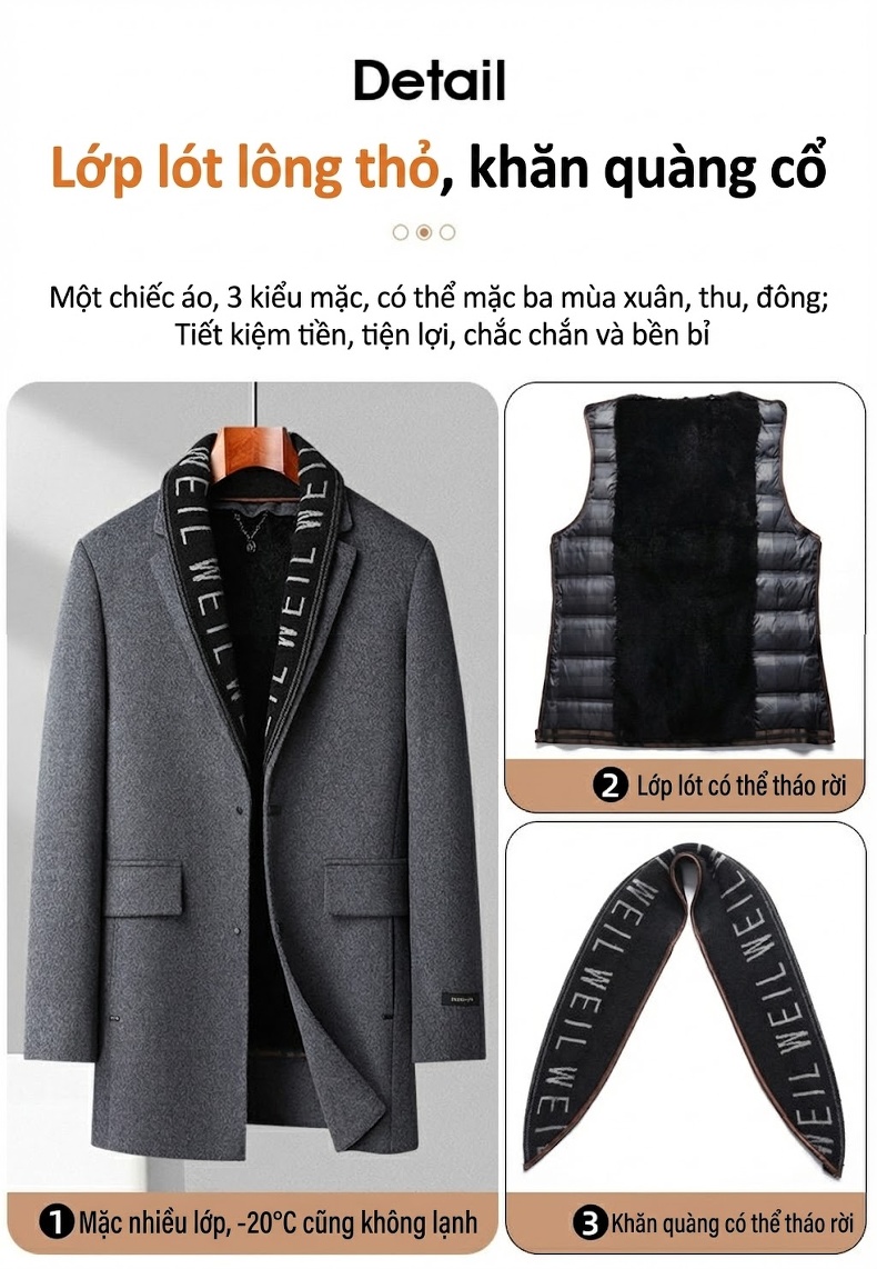 Áo Khoác Dạ Nam Dáng Dài Lót Lông Thỏ, Lông Ngỗng Màu Xám, Đen chi tiết 7
