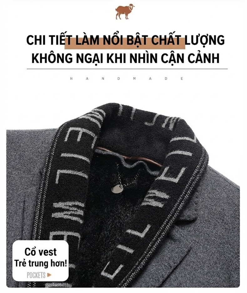 Áo Khoác Dạ Nam Dáng Dài Lót Lông Thỏ, Lông Ngỗng Màu Xám, Đen chi tiết 12
