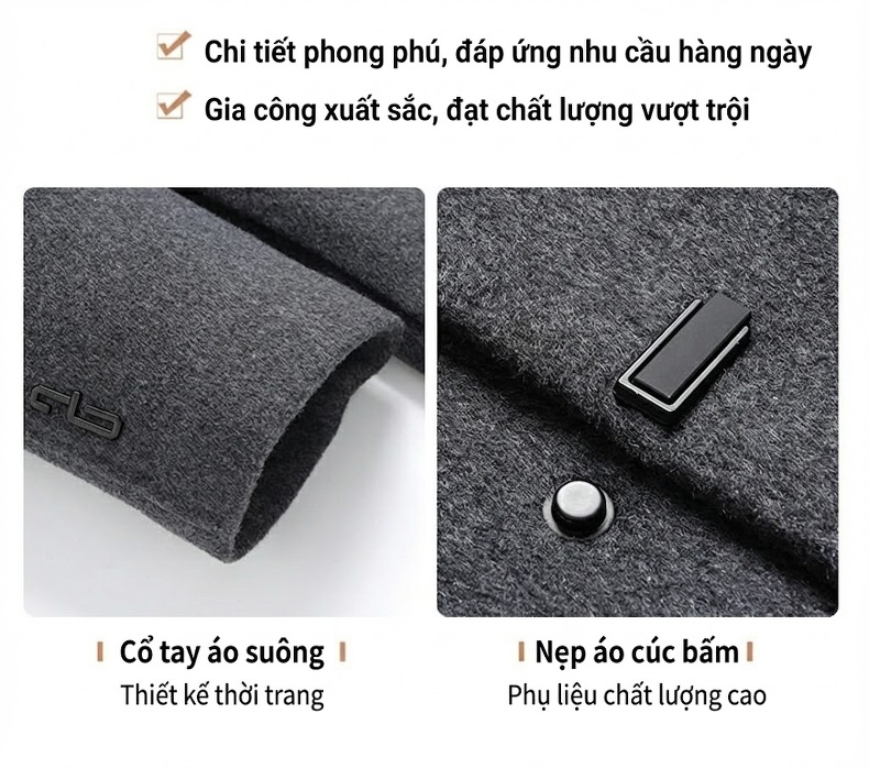 Áo Khoác Dạ Nam Dáng Dài Lót Lông Thỏ, Lông Ngỗng Màu Xám, Đen chi tiết 13