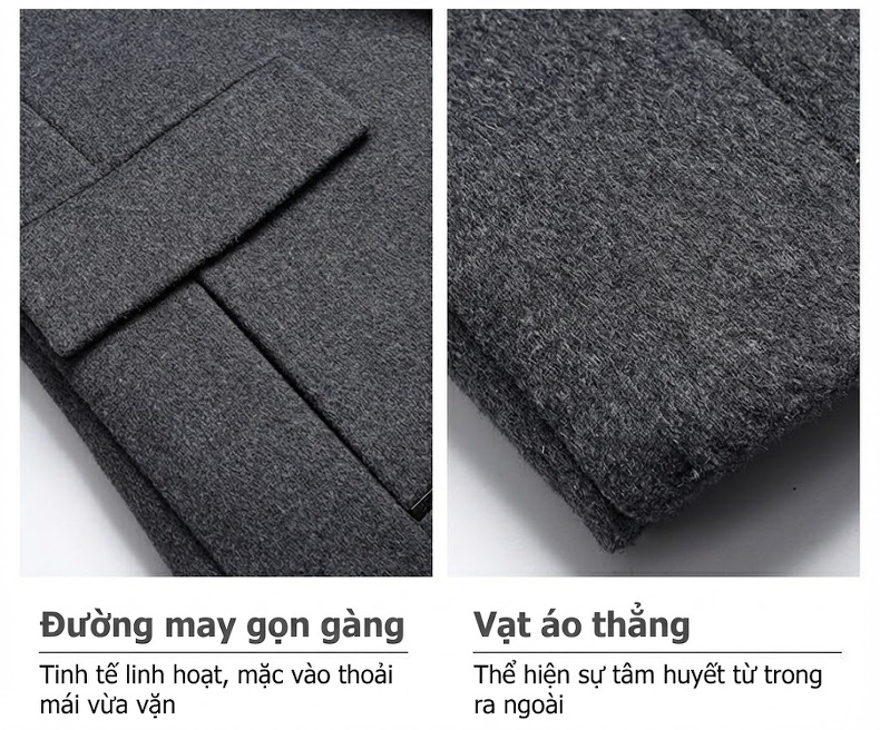 Áo Khoác Dạ Nam Dáng Dài Lót Lông Thỏ, Lông Ngỗng Màu Xám, Đen chi tiết 16