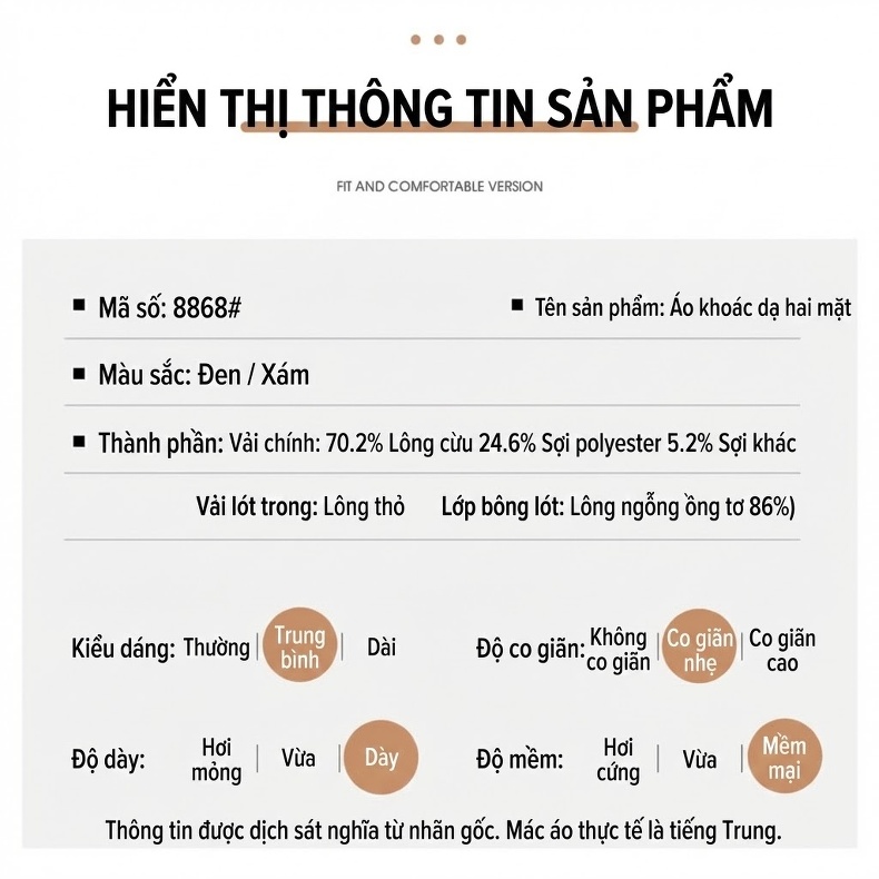 Áo Khoác Dạ Nam Dáng Dài Lót Lông Thỏ, Lông Ngỗng Màu Xám, Đen chi tiết 18