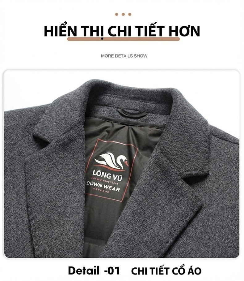 Áo Khoác Dạ Nam Dáng Dài Lót Lông Vũ Dày Dặn Màu Đen, Xám chi tiết 21