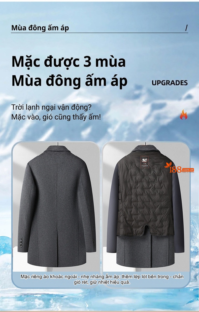 Áo Khoác Dạ Nam Dáng Dài Lót Lông Vũ Dày Dặn Màu Đen, Xám chi tiết 9