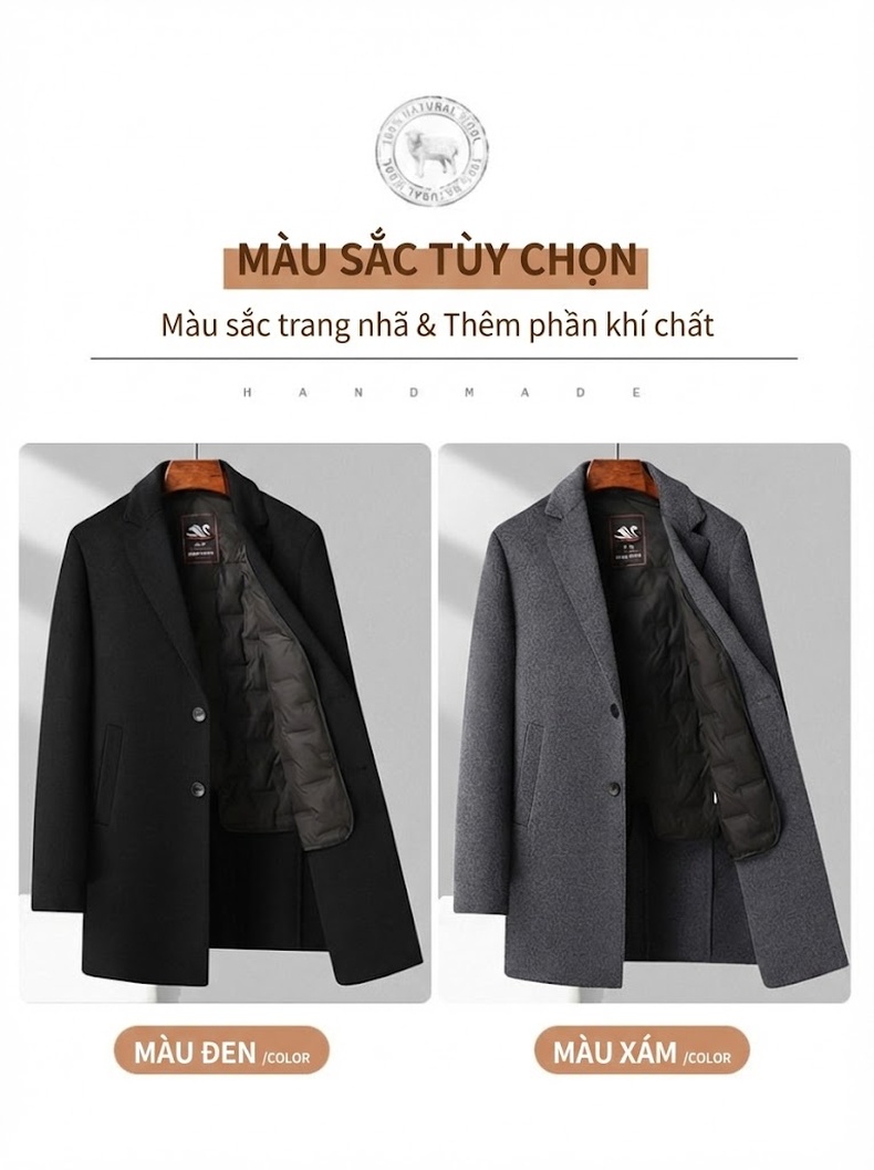 Áo Khoác Dạ Nam Dáng Dài Lót Lông Vũ Dày Dặn Màu Đen, Xám chi tiết 14