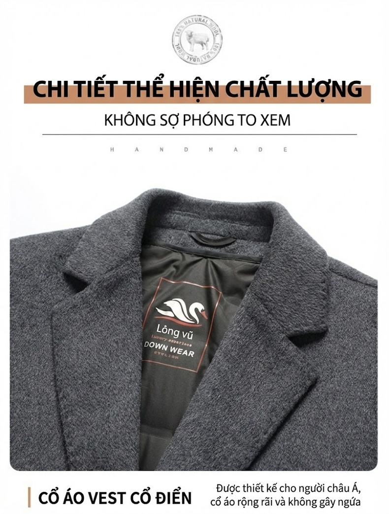 Áo Khoác Dạ Nam Dáng Dài Lót Lông Vũ Dày Dặn Màu Đen, Xám chi tiết 12