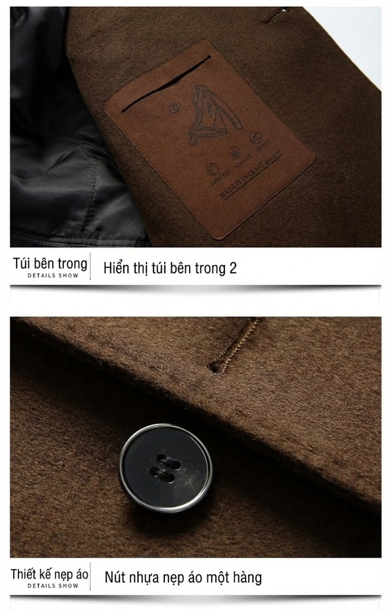 Áo Khoác Dạ Nam Dáng Dài Lót Lông Vũ Dày Dặn Màu Xám, Nâu, Đen chi tiết 20