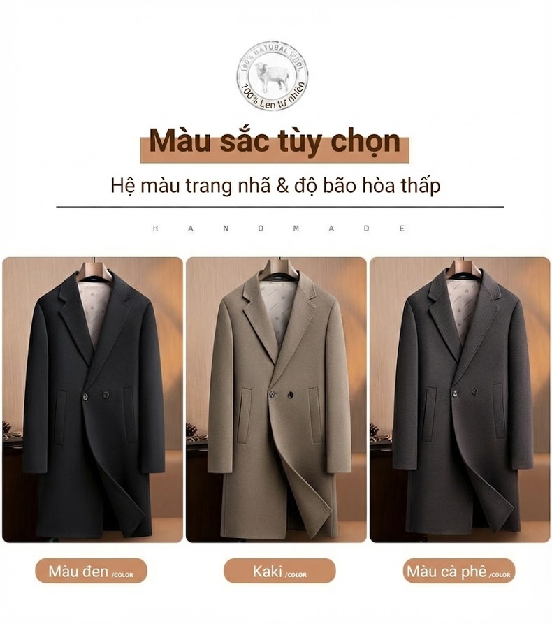 Áo Khoác Dạ Nam Dáng Dài Lót Lông Vũ Tháo Rời Màu Be, Xám, Đen chi tiết 15