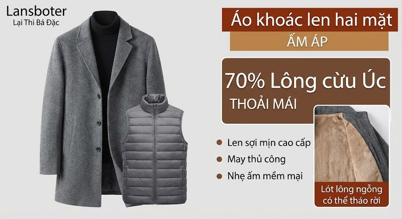 Áo Khoác Dạ Nam Dáng Dài Lót Lông Vũ Tháo Rời Màu Be, Xám, Đen