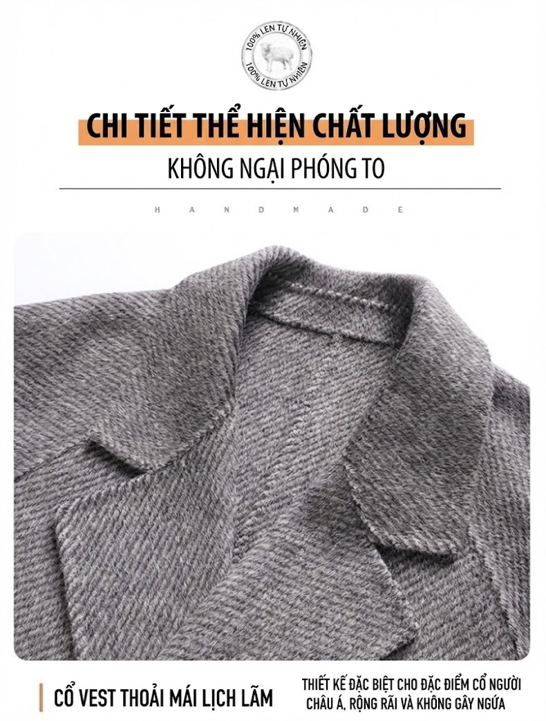 Áo Khoác Dạ Nam Dáng Dài Overknee Tay Lỡ Cúc Đôi Lông Cừu Hai Mặt Màu Xám, Nâu chi tiết 10
