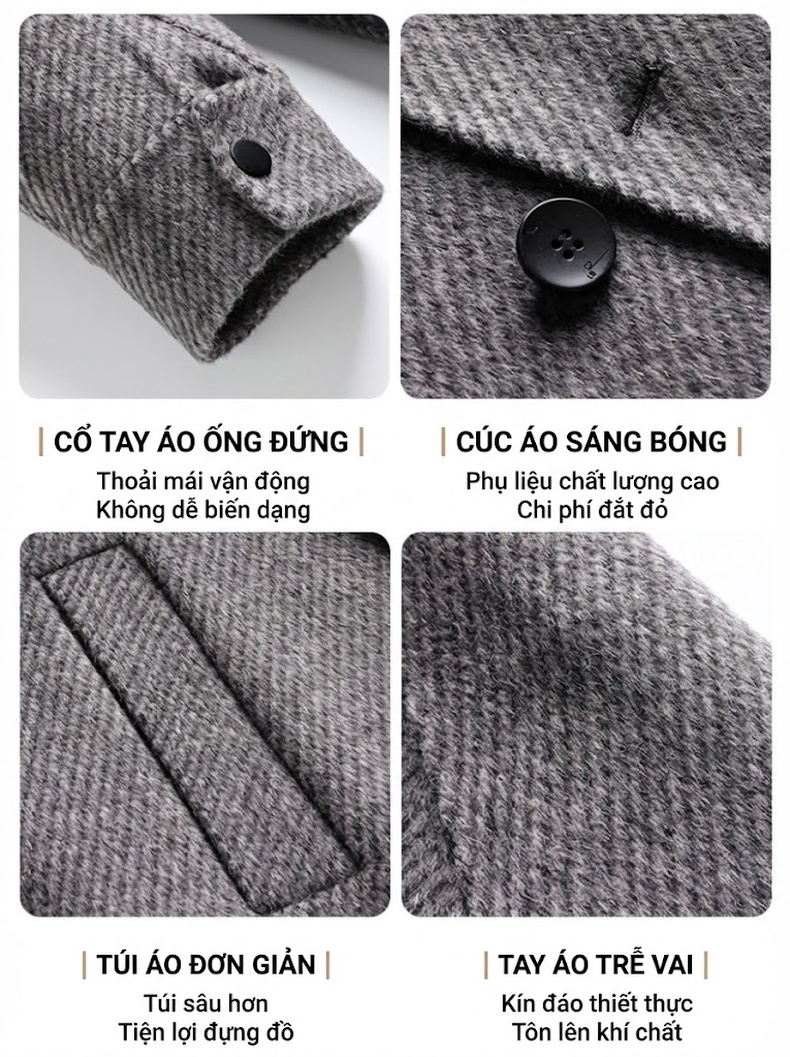 Áo Khoác Dạ Nam Dáng Dài Overknee Tay Lỡ Cúc Đôi Lông Cừu Hai Mặt Màu Xám, Nâu chi tiết 11