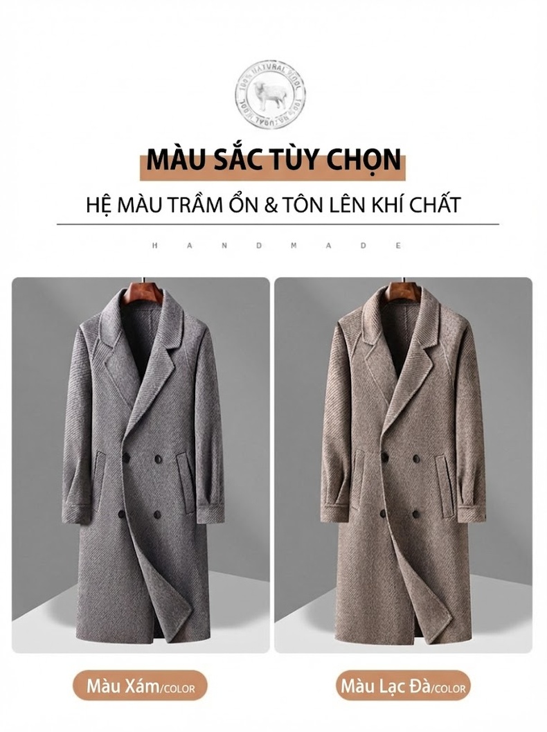 Áo Khoác Dạ Nam Dáng Dài Overknee Tay Lỡ Cúc Đôi Lông Cừu Hai Mặt Màu Xám, Nâu chi tiết 12