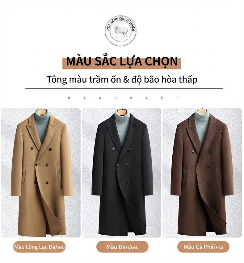 Áo Khoác Dạ Nam Dáng Dài Qua Gối Khuy Ba Hàng Màu Nâu, Đen, Vàng Be chi tiết 13