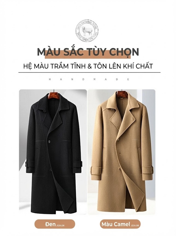 Áo Khoác Dạ Nam Dáng Dài Thiết Kế Minh Họa Phong Cách Hàn Quốc, Mỹ Màu Be, Đen, Xám, Nâu chi tiết 13