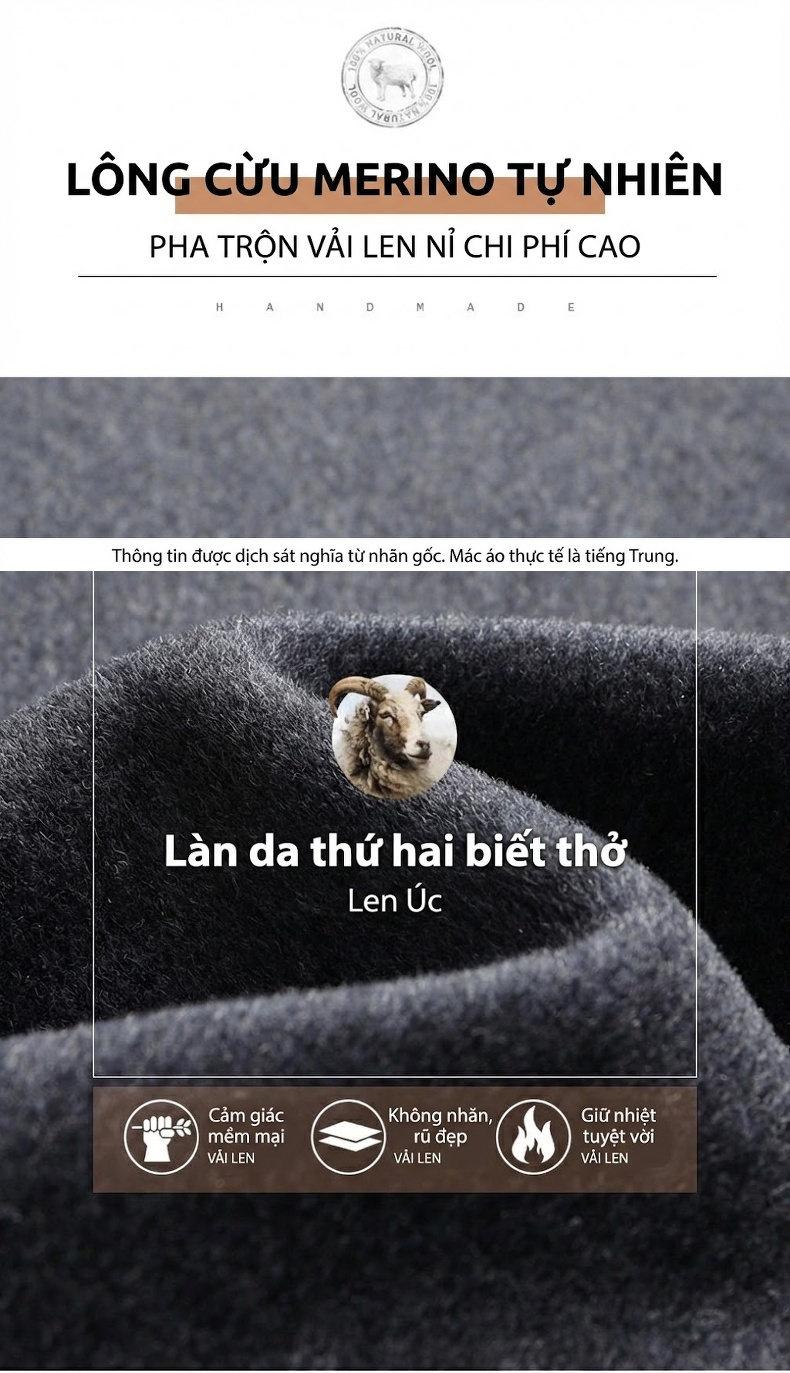 Áo Khoác Dạ Nam Dáng Dài Thủ Công Chất Liệu Lông Cừu Màu Xám, Xám Đậm, Xanh Rêu, Đen chi tiết 3