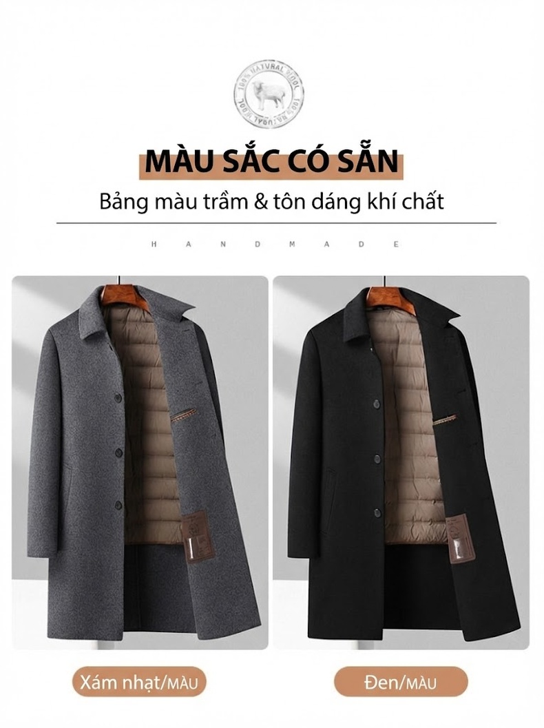 Áo Khoác Dạ Nam Dáng Dài Thủ Công Lớp Lót Lông Vũ Màu Đen, Xám chi tiết 14