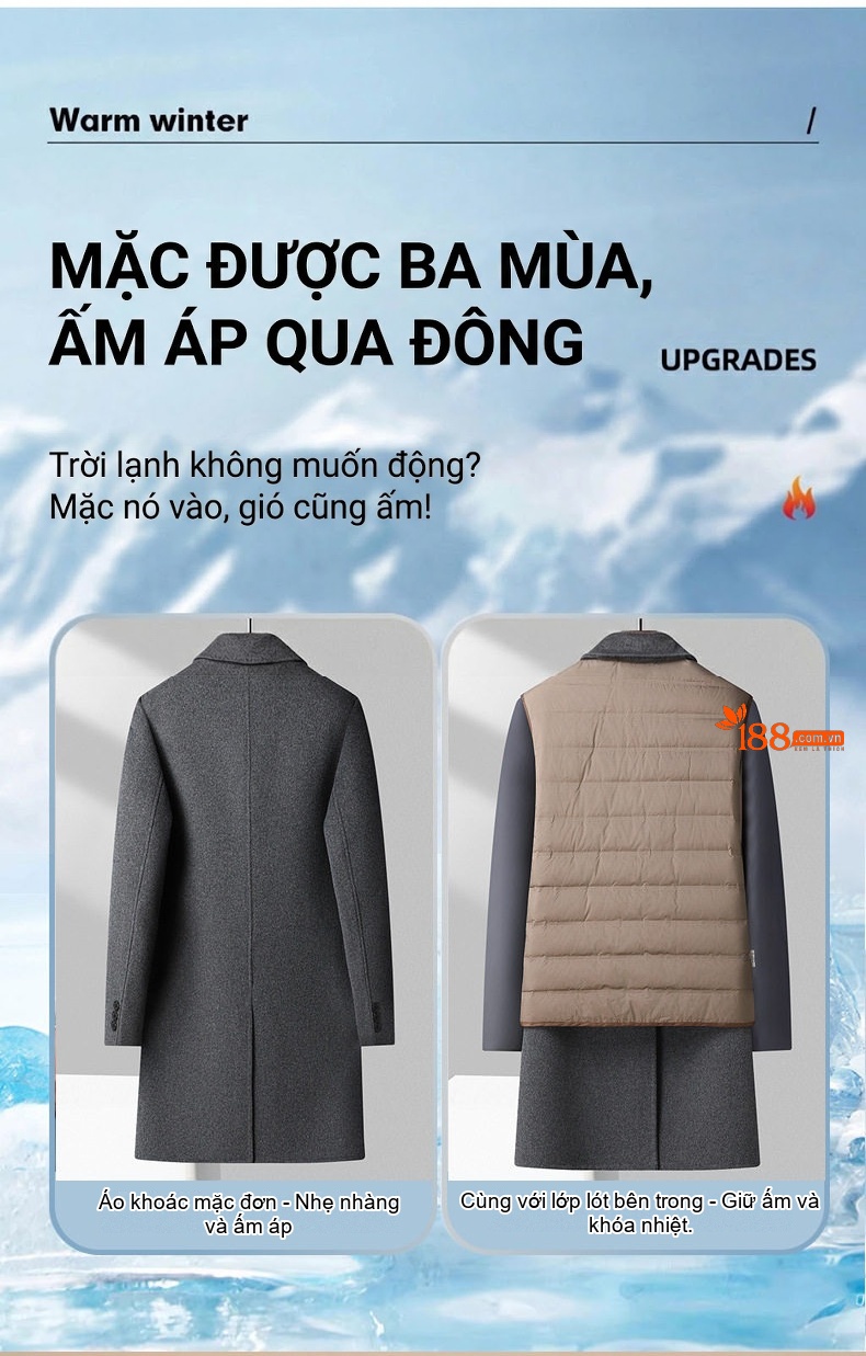 Áo Khoác Dạ Nam Dáng Dài Thủ Công Lớp Lót Lông Vũ Màu Đen, Xám chi tiết 9