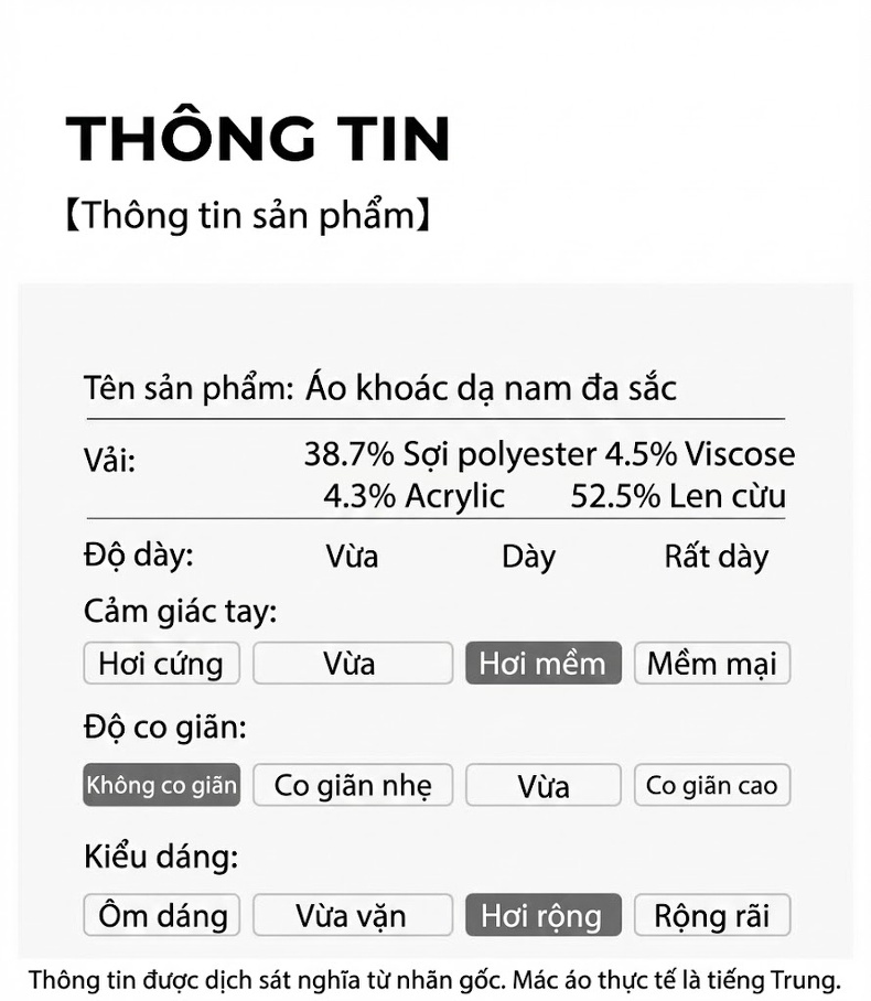 Áo Khoác Dạ Nam Dáng Dài Thu Đông Chất Liệu Lông Cừu, Lót Bông Dày Dặn Màu Đen, Xám, Đỏ Rượu... chi tiết 8