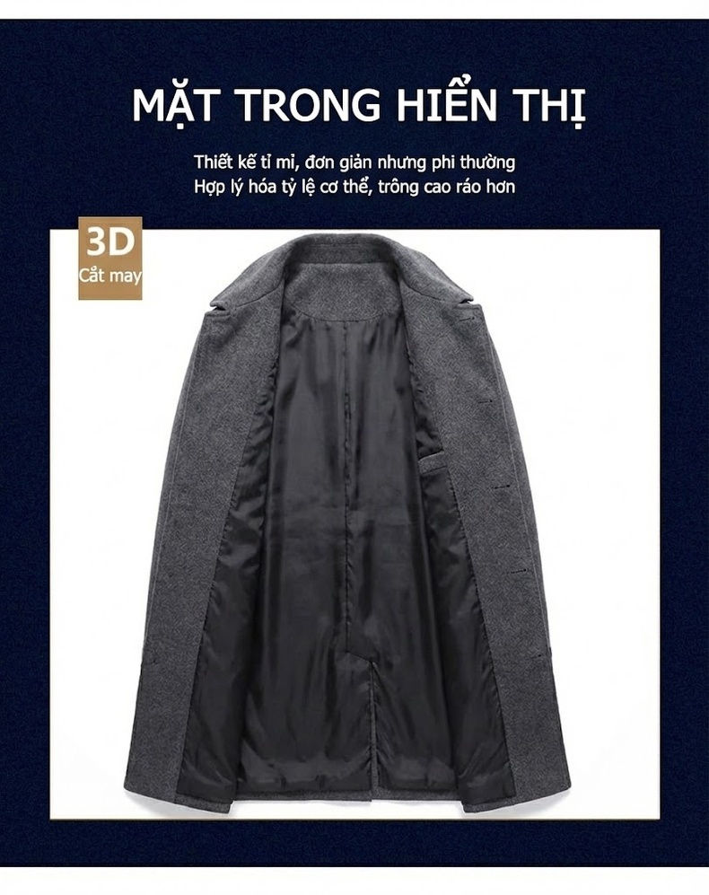 Áo Khoác Dạ Nam Dáng Dài Thu Đông Hai Mặt Thủ Công Cao Cấp Màu Đen, Xám Đậm chi tiết 8