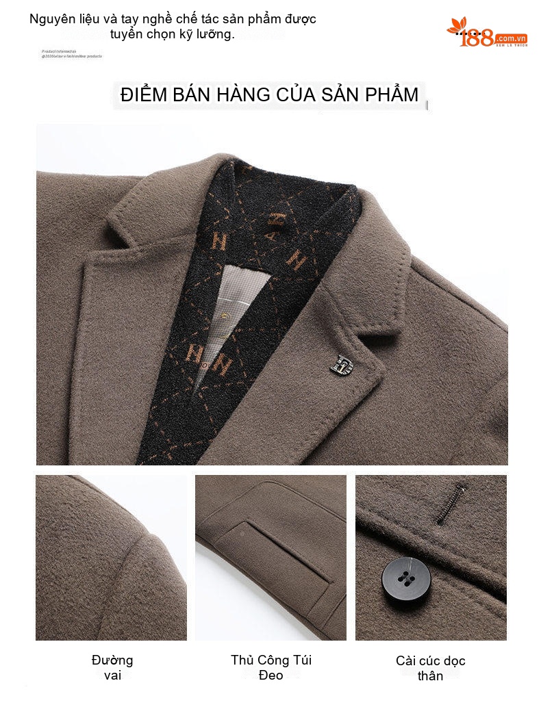 Áo Khoác Dạ Nam Dáng Dài Vừa Cổ Áo Choàng Lót Lông Vũ Tháo Rời Màu Nâu, Đen chi tiết 4