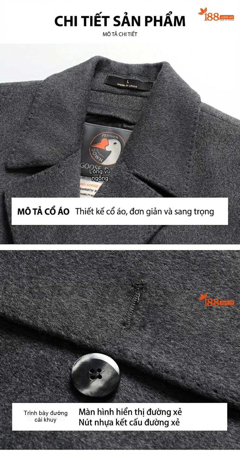 Áo Khoác Dạ Nam Dáng Dài Vừa Cổ chữ Vest Hai Hàng Khuy Lót Lông Vũ Tháo Rời Màu Đen, Nâu, Xám chi tiết 17